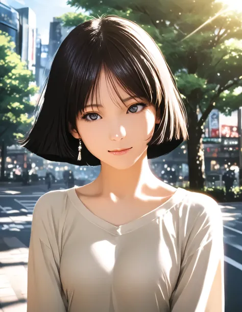 1girl, sayla mass, gundam, year 2016, upper body, casual clothes, Shibuya, street tree, morning sunshine, masterpiece, high score, great score, absurdres, 16k, super detail