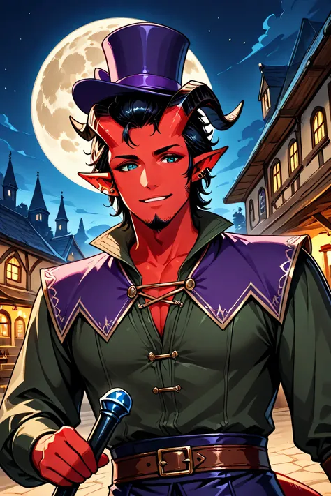 tiefling, horns, pointe ears, tail, solo, adult male, scarlet red skin, black hair, goatee, wearing bright purple top hat, (dark green colonial shirt), ((wearing black colonial era breeches)), dazzling, charismatic, charming, holding a cane sword like a wa...