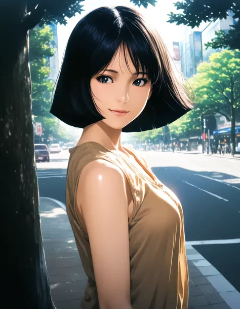 1girl, sayla mass, gundam, year 2016, upper body, casual clothes, Shibuya, street tree, morning sunshine, masterpiece, high score, great score, absurdres, 16k, super detail