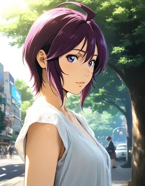 1girl, lunamaria hawke, gundam, year 2016, upper body, casual clothes, Shibuya, street tree, morning sunshine, masterpiece, high score, great score, absurdres, 16k, super detail