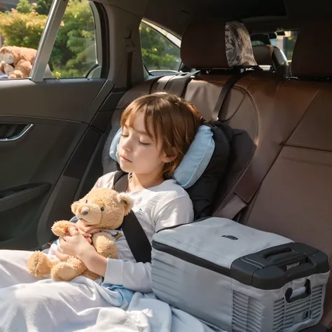 The child sleeps while sitting in the car，with stuffed animals and coolers inside, Road Trip , Chilling, 胸部的充电插头,  kid , Simple, Simple to use, Have a great time, cinematic feel, ,  new design , inspiration, Simplegoing, Angle View, A calm mood, album, , 4...