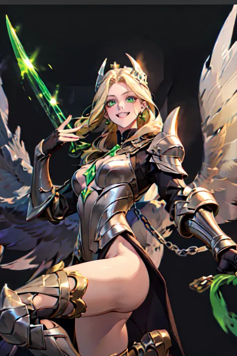 
(masterpiece, best quality:1.2), 1girl, solo , emel , black wings , very long hair , green eyes , blonde hair , green crystal on chest , black armor , , earrings , , , blurry background , , fangs , , black feathers , abyss , , yellow hair , laughing , ope...