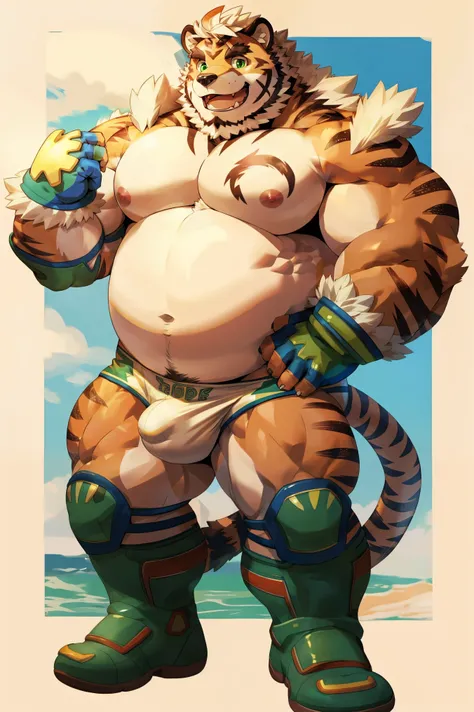 hombretigre, alone, (soft shading), 4k, anything, ((Detailed face, Detailed eyes, Detailed)), (full body), by LucusOld, (per staff:0.5), muscular, muscular male, alone, (chubby), stomach, green eyes, cute, smile, 1 guy, belly, nipples, green eyes, male foc...