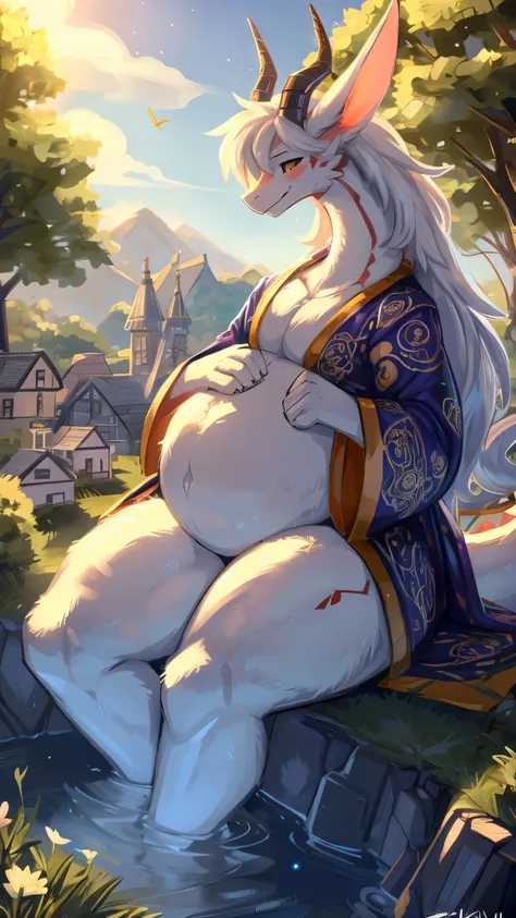 4k ultfigurelity, (4k full body view:1.0),ultra high detailed body,feral dragon,(cute face:1.3),pink fur,golden eyes,white belly fur,white hair,long hair,enormous body,(small head:1.3),round belly,side view,by Zackary911,drawn in the style of Akira Toriyam...