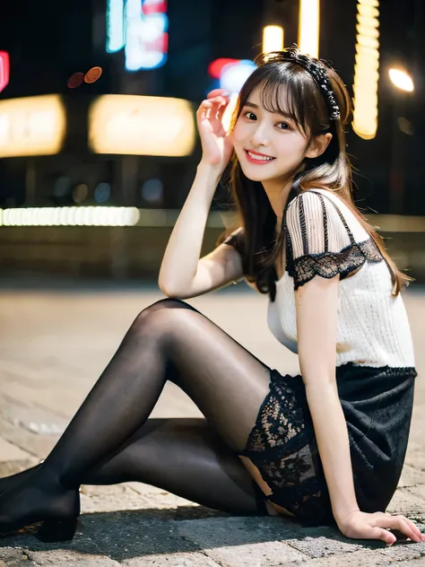 ulzzang -6500-v1.1, (Raw photo:1.2), (Photorealsitic), a beautiful detailed girl, (Real: 1.4), extremely detailed eye and face, ((PastelColors、Knitted dresses、Super realistic black tights))、((Night city:1.4)), selfee, Instagram、game_nffsw, huge filesize, h...