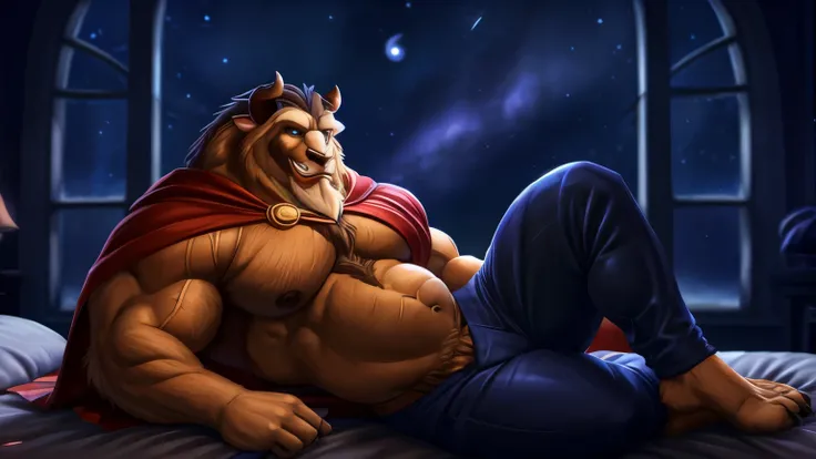 safe_pos, score_9, score_8_up, score_7_up, source_furry, high quality, hires, solo, veiny muscular, veiny arms, big pecs, musclegut, abs, thick thighs, beast (/disney/), male, topless, cloak, purple pants, furry, smirk, seductive eyes, lounging on bed, one...