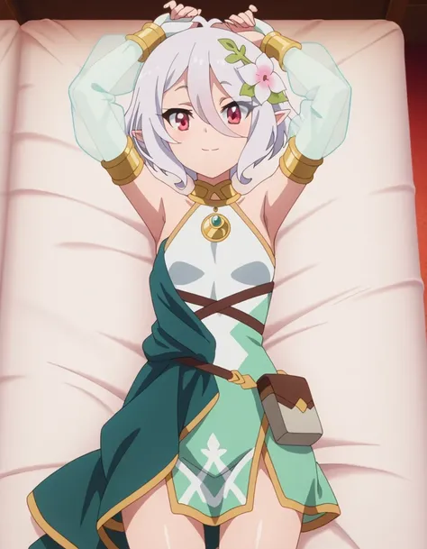 KokkoroDress, anime screencap, masterpiece, best quality,
1girl, solo, closed mouth, light smile,
short hair, white hair, antenna hair, magenta eyes, pointy ears, hair flower,
sleeveless dress, armlet, gold trim, asymmetrical clothes, strap, bridal gauntle...
