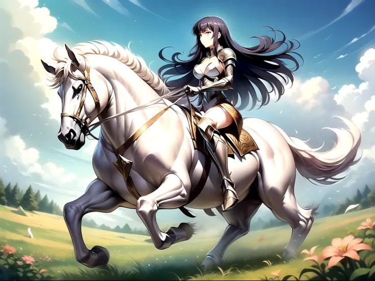  ((best quality)), ((anime masterpiece)), (high detailed), 8k, cinematic lighting, perfect face, female knight riding a HORSE, (KJOsakuya, black hair, pink eyes, hime cut, long hair, medium breast, cleavage), (silver armor, silver pauldron, white miniskirt...
