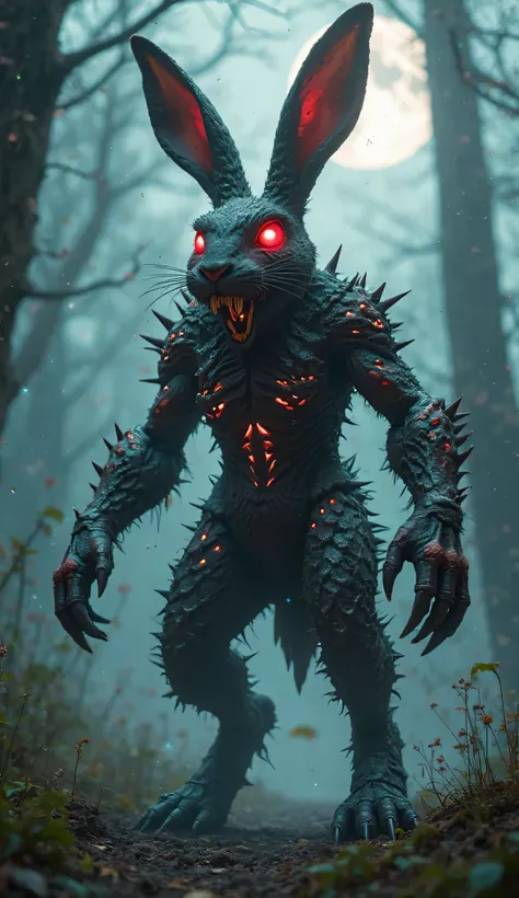 "A terrifying, monstrous rabbit standing tall with powerful hind legs and razor-sharp claws. Its once soft fur has turned into dark, spiky quills, and its glowing red eyes pierce through the darkness. Large, mutated fangs protrude from its mouth, and its e...