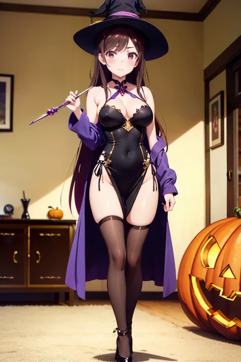 Chizuru Ichinose, sexy, black witch costume with magic wand, magician robe, detailed anime style, halloween costume, 8k, masterpiece, in the living room, masterpiece,  long loose hair, full body shot, beautiful girl