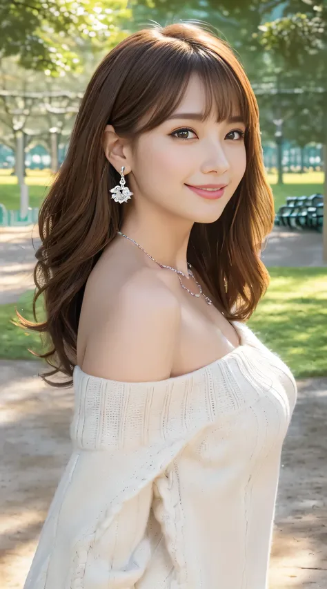 ((table top, Highest quality, high resolution, , pixel perfect, 4K, ))), 1 person,  single,  alone, Beautiful woman with full body visible  )、 ((medium length wavy hair, bangs, brown hair)), ((brown eyes,   beautiful eyelashes , realistic eyes)), ((detaile...