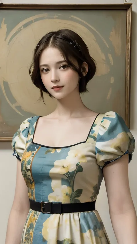 362 (20 year old female),(short hair), ( High Definition Photos ), (gentle smile), (colorful floral dress), (Leonardo da Vinci Paintings)