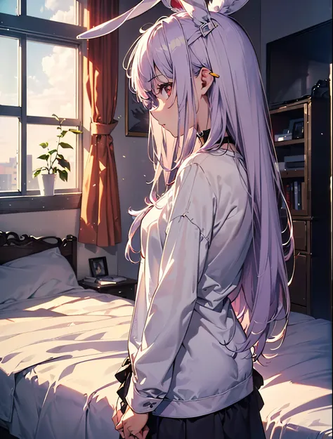 realistic,Highest quality, Super Detail, high quality CG rendering,  THE MOST DELICATE AND BEAUTIFUL ,  floats softly, High Resolution, (1 girl), (Highest quality,4K,8k,masterpiece:1.2), ( light purple hair:1.5),( pretty long hair:1.5),(red eyes:1.5),(Rabb...