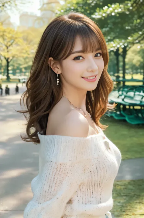 ((table top, Highest quality, high resolution, , pixel perfect, 4K, ))), 1 person,  single,  alone, Beautiful woman with full body visible  )、 ((medium length wavy hair, bangs, brown hair)), ((brown eyes,   beautiful eyelashes , realistic eyes)), ((detaile...