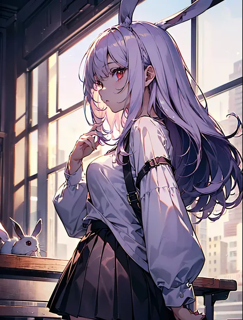 realistic,Highest quality, Super Detail, high quality CG rendering,  THE MOST DELICATE AND BEAUTIFUL ,  floats softly, High Resolution, (1 girl), (Highest quality,4K,8k,masterpiece:1.2), ( light purple hair:1.5),( pretty long hair:1.5),(red eyes:1.5),(Rabb...