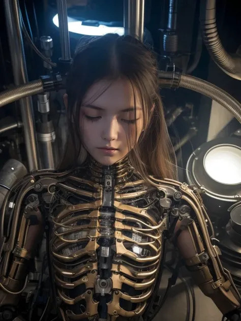 horror story, science fiction, body modification, a girl, Imprisoned, close-up of a beautiful young girl made partly of machinery, beautiful face, beautiful hair, lying, from above, upper body, eyes closed, mechanical lungs visible behind metal ribs, walls...