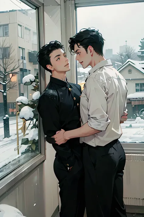  Two Japanese Men　handsome　 short dark hair  　　short cropped 　　smile　　　has 5 gold buttons　Black school run　 black pants 　　In a bright classroom 　 Snow Outside the Window　　Two boys stand shoulder to shoulder 　　boys love cartoon　　  two people staring at each...