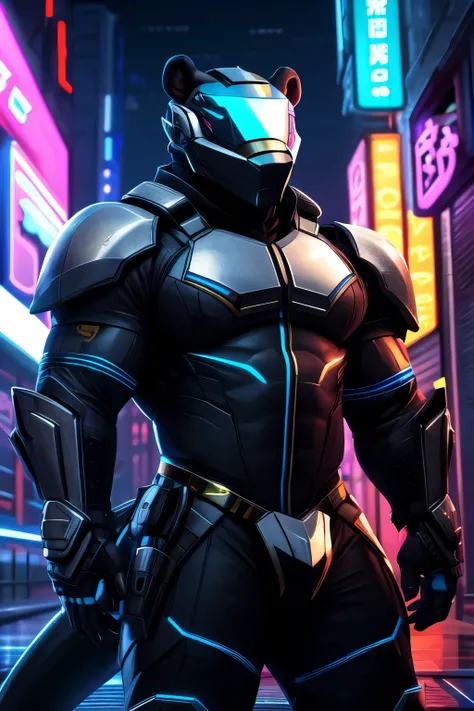 score_9,score_8_up,score_7_up,score_6_up,furry,kemono,high quality,tail,rating_explicit,embedding:zPDXL3 BREAK male furry,(bara),huge plump Chest Muscles, perfect anatomy, bear, Image depicts a futuristic, cyberpunk-style warrior standing in a neon-lit urb...