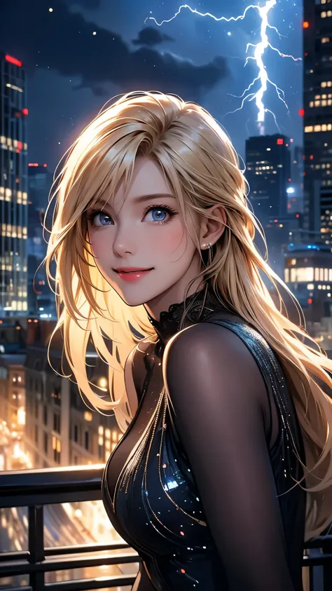 (photo realistic), highly detailed, Award-winning photography, Sharp focus,
A beautiful Scandinavian woman,
extraordinarily beautiful face, blonde, 

The rooftop of a building, intense lightning, starry sky,

shine, glint,
cityscape,
(depth of field:1.30),...