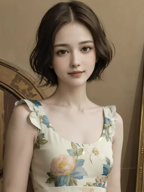362 (20 year old female),(short hair), ( High Definition Photos ), (gentle smile), (colorful floral dress), (Leonardo da Vinci Paintings)