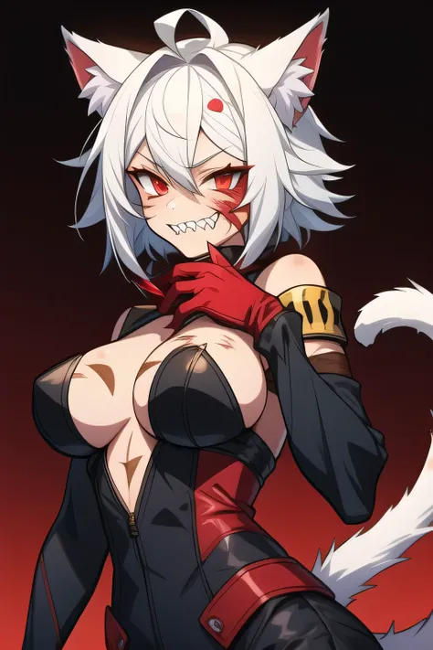 Girl with a,  with red dots ,  with sharp teeth, Red eye, in sexy military clothing, with half of her hair shaved,  with cat ears, jaw wearing red hand gloves, with scars with long, sharp nails, with scars on her face and body and with a white cat's tail, ...