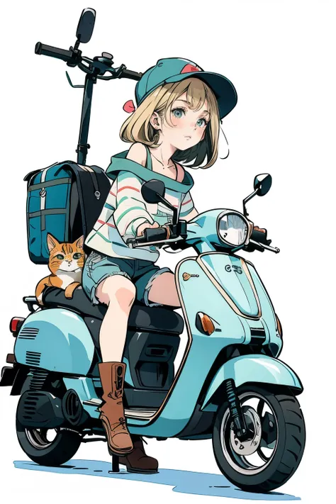 beautiful anime-style illustrations . A brown-striped cat is sleeping on a pale blue scooter seat. A blonde woman is crouching beside her scooter , Staring at the cat. The woman is wearing a green off-shoulder top , Denim shorts and brown boots....