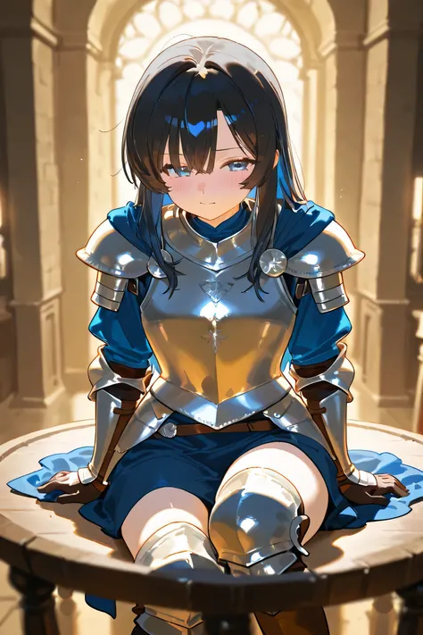 Black Long Hair, blue eyes,natural eyes,Wearing a bit of medieval armor,sitting at a round table,natural eyes, reddened face, blush, shameful