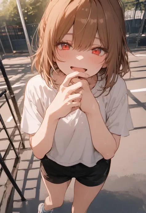 (Solo), ( 1 woman), ( long brown ponytail ), ( red eyes), white t-shirt,  black shorts , holding a dodgeball in her hand, pretty, dynamic angle , Standing on the playground, (smile), (slightly covering her mouth with one hand), (Open mouth ), ( eye detail ...