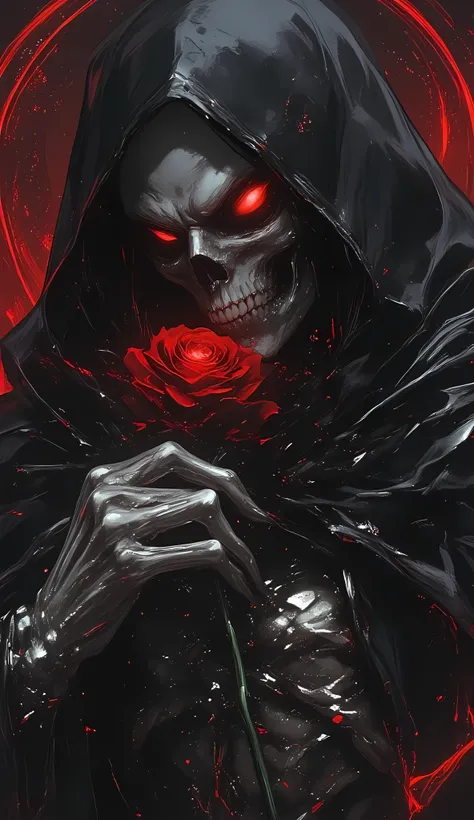 (masterpiece), Grim Reaper with a black tunic covering her face, is looking down at a red rose that holds in his skull-like hand, cowboy shot,  (best quality:1.4), (ultra highres:1.2), (hyperrealistic:1.4), (photorealistic:1.2), dark colours, dinamic pose,...