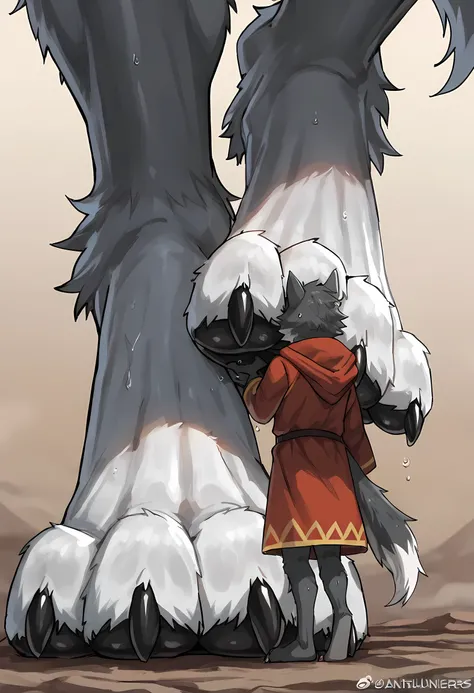 (macro size: 1.1), (describe image of a giant wolf boy putting his closeup foot in front of an adventurer: 1.2), an adventurer looking at a closeup wolf foot, simple background, (2boys: 1.1) (height difference), (wolf foot paw closeup: 1.3) (femboy), (furr...