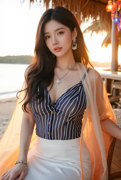 Super detailed body, super detailed face, best quality, close-up, beautiful Korean female model upper body, fair skin, pretty face, brown eyes, white transparent silk combined with dark blue pinstripe top, white pencil skirt, semi-transparent orange scarf ...