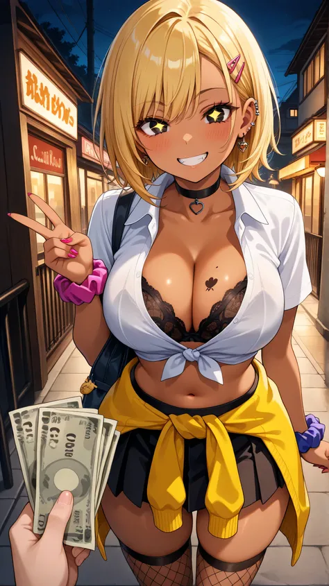 (masterpiece), best quality, expressive eyes, perfect face, prostitution, money, 1girl, breasts, fishnets, smile, blonde_hair, underwear, skirt, choker, bra, navel, grin, shirt, yellow_eyes, gyaru, clothes_around_waist, large_breasts, dark_skin, thighhighs...