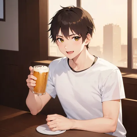 holding a beer, table, sitting, (at night:1.5), masterpiece, best quality, Japanese manga style, upper body, (25 year old male: 1.5) and (short brown hair) and (green eyes), BREAK (white T shirt) and (pants) BREAK smile, open mouth, inside a restaurant, al...