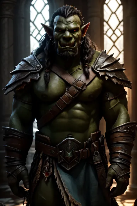 (masterpiece:1.2), (best quality,:1.2), 8k, HDR, ultra detailed, ((photorealistic)), professional light, cinematic lighting, ambient lighting,OverallDetail, DarkFantasy, OrcW, a male orc, ((full body shot)), in the style of Warhammer fantasy, World of Warc...