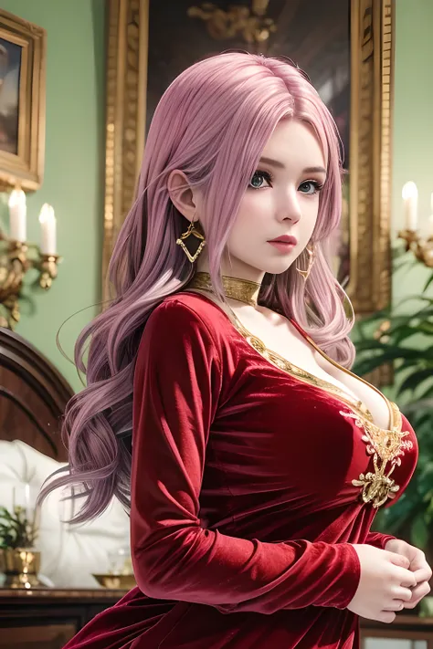 (1girl:1.5) , Dressed in luxurious red (velvet long-sleeved dress: 1.5), she has an elegant pose and gazes forward. She has flowing wavy hair and wears delicate earrings that complement her classical look. The background is a cozy vintage interior with whi...