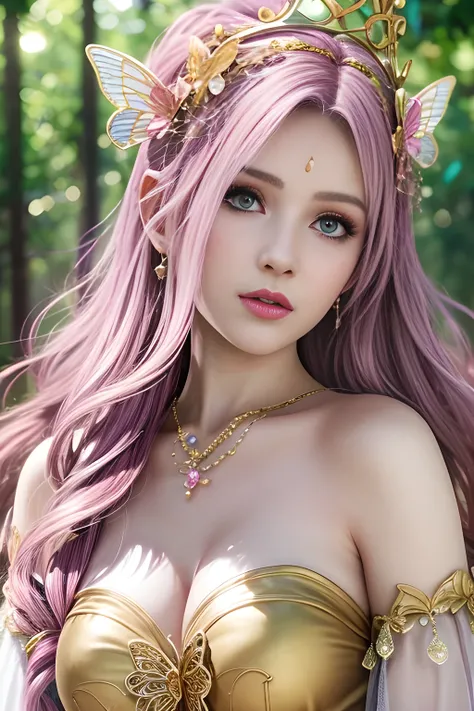 (fantasy, ethereal, ultra-detailed, masterpiece), beautiful woman with delicate features, golden hair with soft curls, wearing a pink and gold butterfly-themed gown, intricate jewelry with butterflies and flowers, glowing gemstones, fairy crown with pastel...