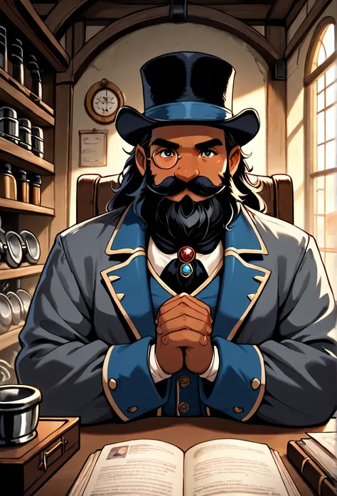 (masterpiece, best quality, 2k), solo, 1guy, (dwarf, short stature), black hair well kept, black mustache, tanned skin, grey fur coat, monocle over left eye, blue velvet vest underneath fur coat, black felt top hat, (sitting in a Victorian era style office...