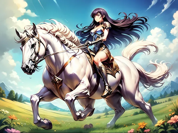  ((best quality)), ((anime masterpiece)), (high detailed), 8k, cinematic lighting, perfect face, female knight riding a HORSE, (KJOsakuya, black hair, pink eyes, hime cut, long hair, medium breast, cleavage), (silver armor, silver pauldron, white miniskirt...