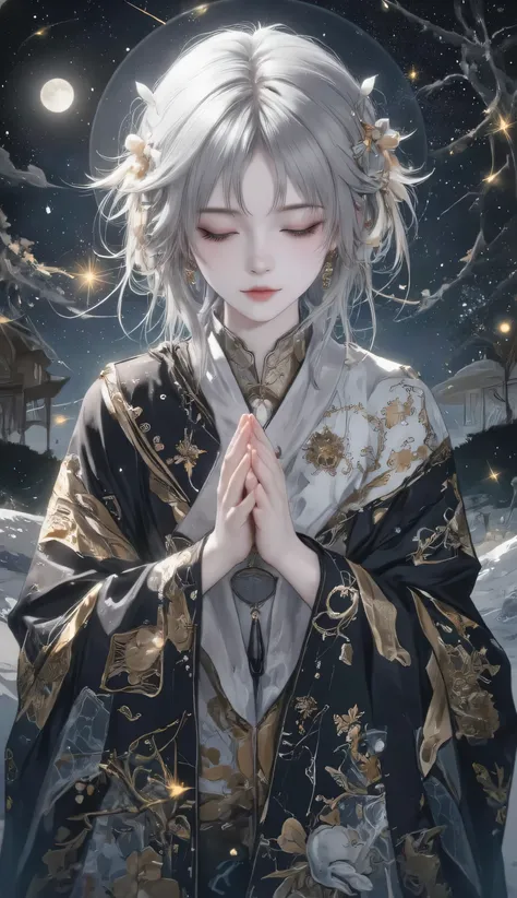 Get ready to immerse yourself in the enchanting world of Renaissance Slavic portraits , visible brushstrokes 、Bringing life to an impressive depiction of a young woman with silver hair and a constellation-patterned robe 。. while watching the surrounding...