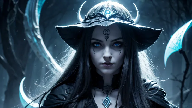  a beautiful elf woman, luminous skin has taken on a ghostly pallor, her eyes gleam with an unsettling intensity, and her long, black hair now flows like a river of moonlight. Her skin is smooth as porcelain. She wears a black glowing necklace. She has an ...