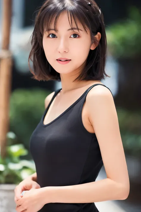 (High reality photograph, high resolusion, detailed face, detailed eyes), Skinny Japanese woman, 40 years old, cute face, various face expression, solo:1, skinny figure, black short hair, wearing tight dress, emphasizing very thin waist, alone in a photo, ...