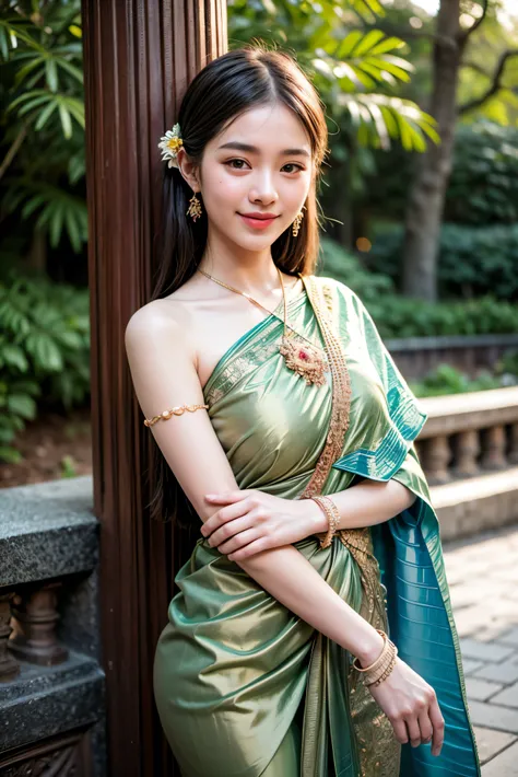 8K, ultra high detailed, an thai girl, cute face, happy, long hair, impressive hairstyle, detailed eyes, detailed lips, thai clothes, saree, green saree, lace, wearing jewellery, nature background, flowers, afternoon, shadow, clear weather, whole body capt...