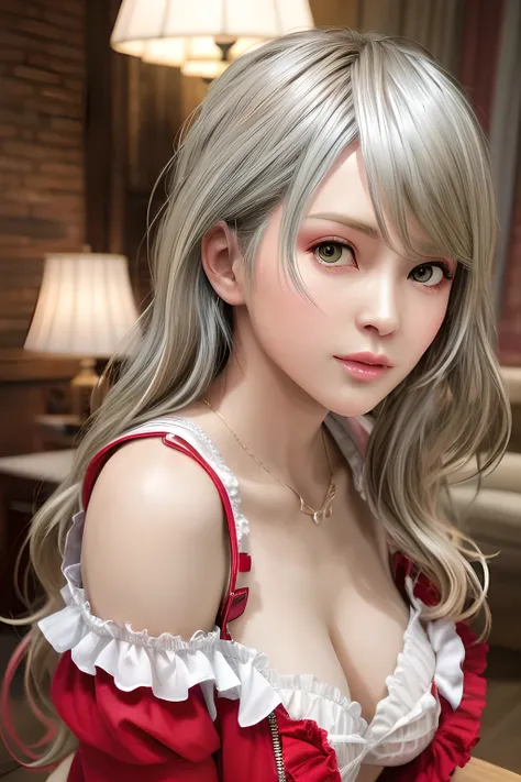 Portrait of a woman with long light blonde hair, dressed in a bright red outfit with a deep v-neck top and ruffled red shorts. She is looking down with a soft and thoughtful expression, exuding an elegant yet casual charm. The woman wears white socks, and ...