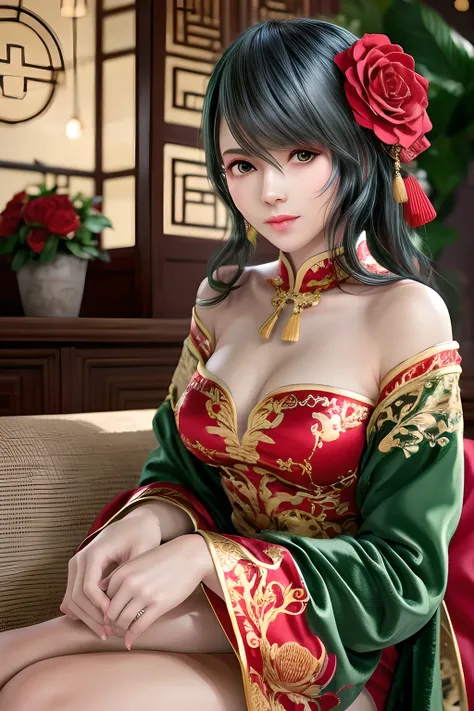 A beautiful young woman with fair skin and dark wavy hair, sitting elegantly on a green velvet sofa. She wears a stunning red traditional Chinese dress with intricate golden embroidery, featuring long flowing sleeves. She holds a few red roses in her hands...