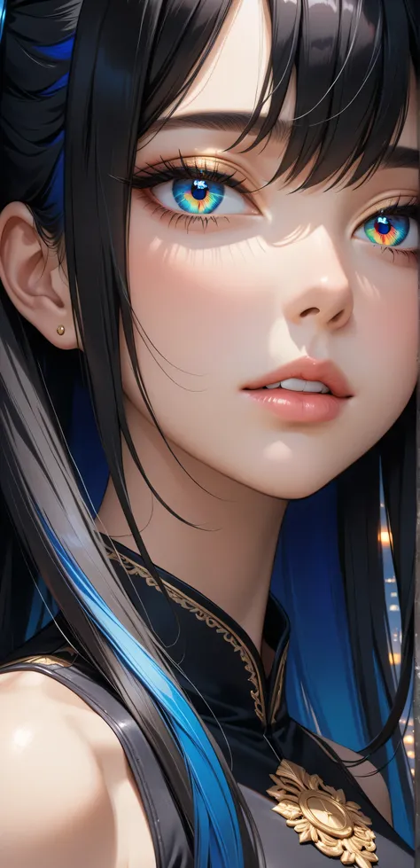 Close up, upper body, Random Sexy pose , ((Ultra detailing)), ((very aesthetic, best quality, ultra detailed)), intricate details, 1girl, ((long hair, Black hair, Side ponytail, blue inner hair)), ((Multi colour eyes)), ((Detailed eyes)), ((Beautifull eyes...