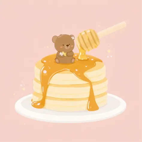 This image is a charming illustration of a stack of pancakes topped with honey and featuring a small, adorable bear. Let's analyze its features and potential uses:

Features:

Style: The illustration is done in a soft, cute style with a slightly whimsical ...