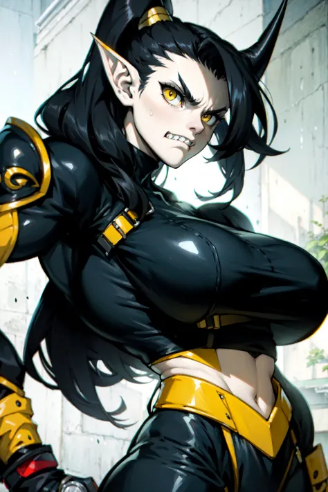 black hair yellow eyes pale skin pointy ears sharp teeth sad frown huge muscles big breasts