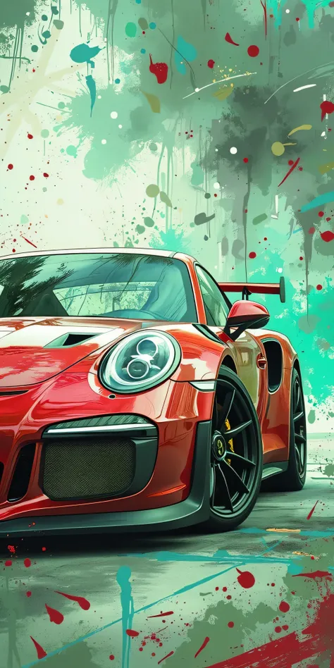 This image is a digital artwork featuring a red Porsche 911 GT3 RS (or a very similar model) set against an abstract background of paint splatters and brushstrokes. Let's analyze its artistic and stylistic features:

Artistic and Stylistic Features:

Subje...