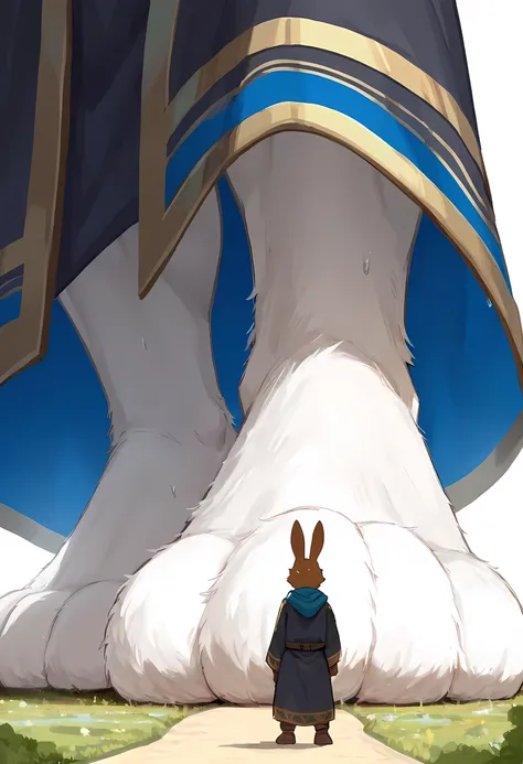 (macro size: 1.1), (describe image of a giant rabbit boys foot in front of an adventurer, most out of frame: 1.2), an adventurer on a path looking at a closeup rabbit foot, simple background, (2boys: 1.1) (height difference), (rabbit foot closeup: 1.2), (f...