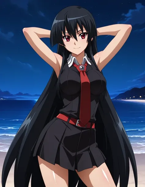 akame-illustxl, medium breast, long hair, black hair, red eyes, necktie, very long hair, sleeveless, skirt, belt, dress, source anime, shiny skin, high quality, solo, night sky, beach, hands behind head, ((contrapposto)), closed mouth, cowboy shot, looking...